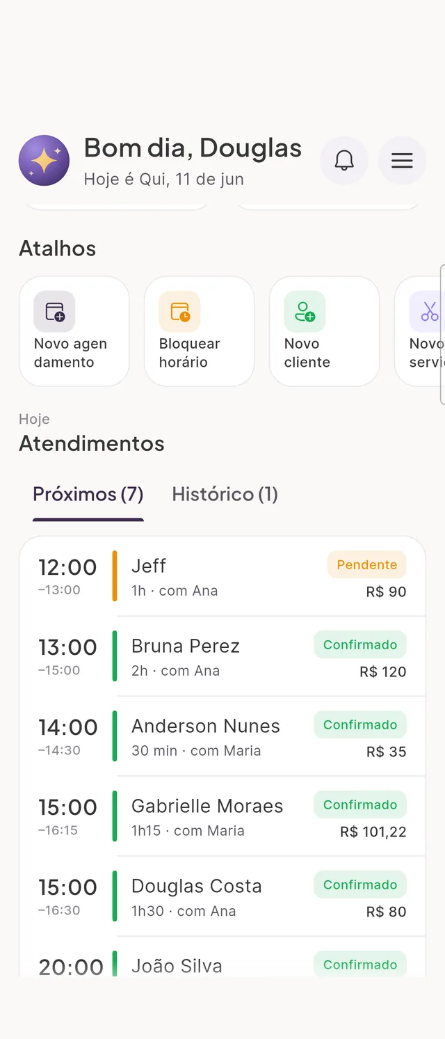 App Glous Pro mostrando a agenda do dia cheia de agendamentos confirmados