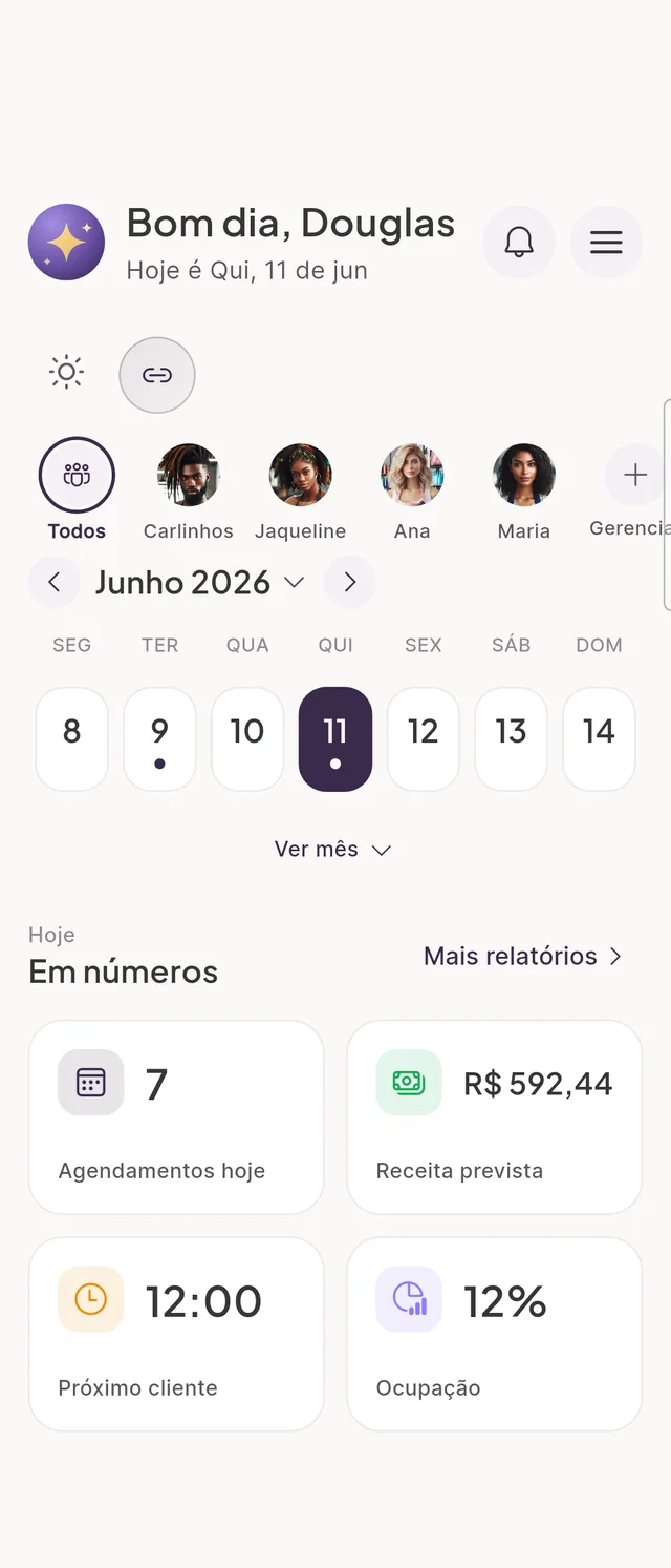 App Glous Pro mostrando o calendário da semana e os números do dia